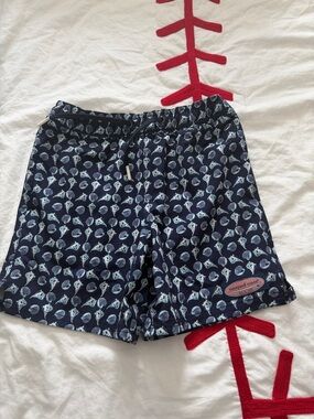 Vineyard Vines Navy Swim Shorts with Light Blue Shell Pattern